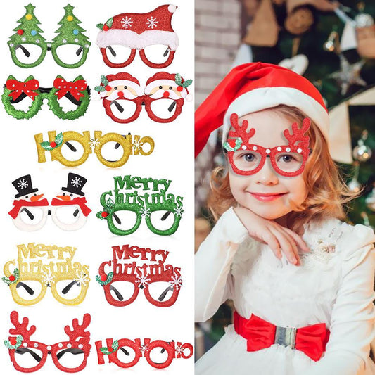 Christmas Cute Cartoon Glasses Frame Santa Claus Elk Glittered Eyeglasses No Lens For Kids Adults Xmas Party Cosplay Decoration