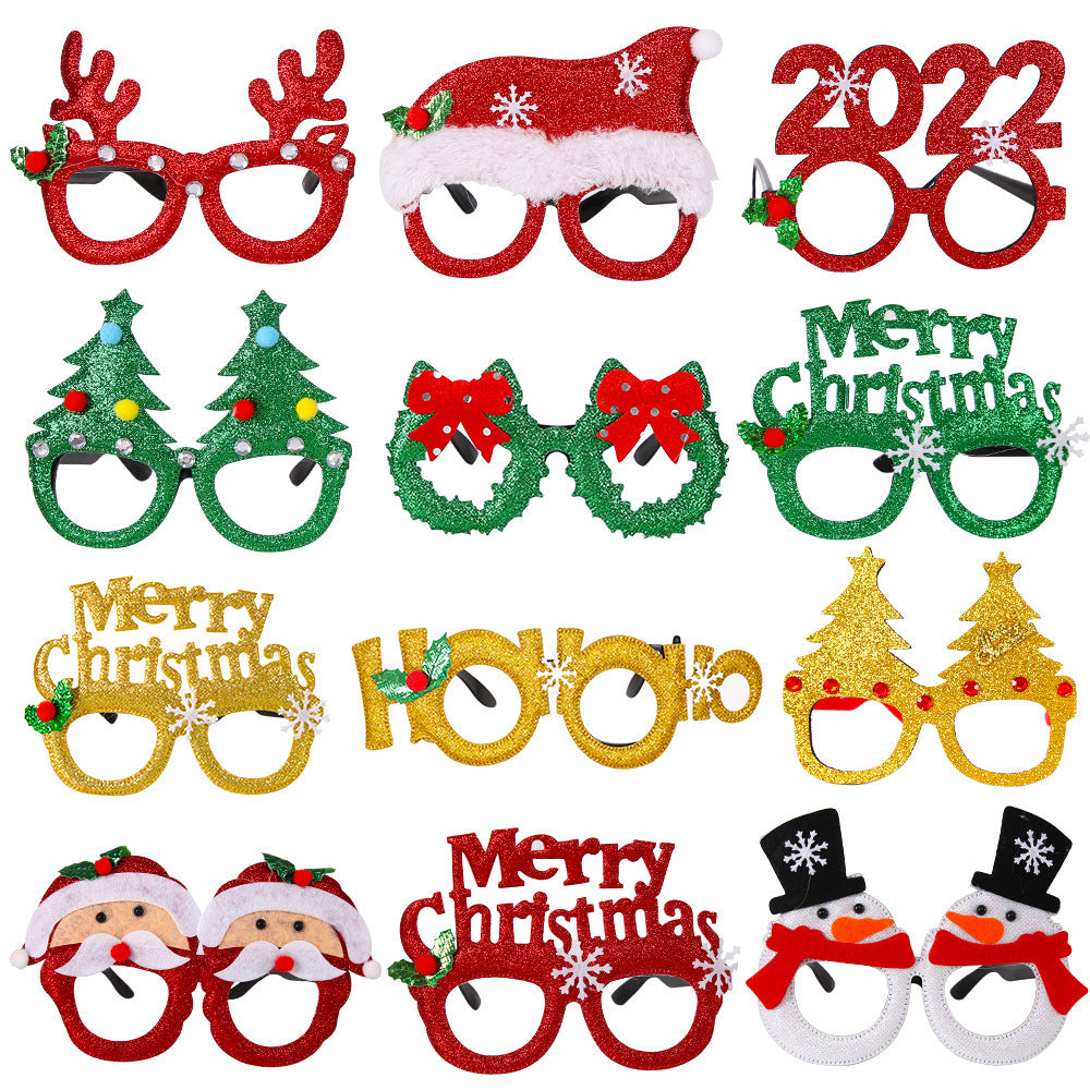 Christmas Cute Cartoon Glasses Frame Santa Claus Elk Glittered Eyeglasses No Lens For Kids Adults Xmas Party Cosplay Decoration